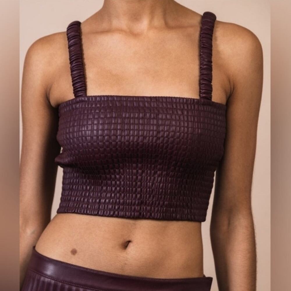 Proenza Schouler‎ NWT Faux Leather Smocked Tank Top Blouse Crop Brown Large